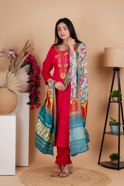 Red Pure Gaji Silk Suit Set for Women – Luxurious & Breathable