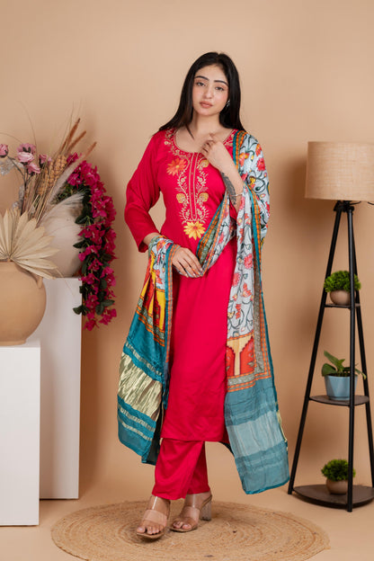 Red Pure Gaji Silk Suit Set for Women – Luxurious & Breathable