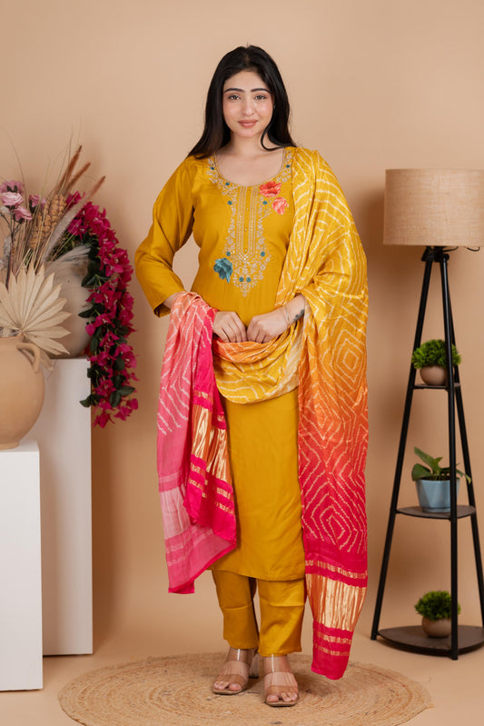 Yellow Pure Gaji Silk Suit Set for Women – Luxurious & Breathable