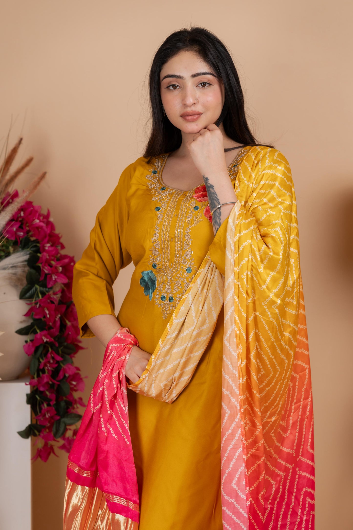 Yellow Pure Gaji Silk Suit Set for Women – Luxurious & Breathable