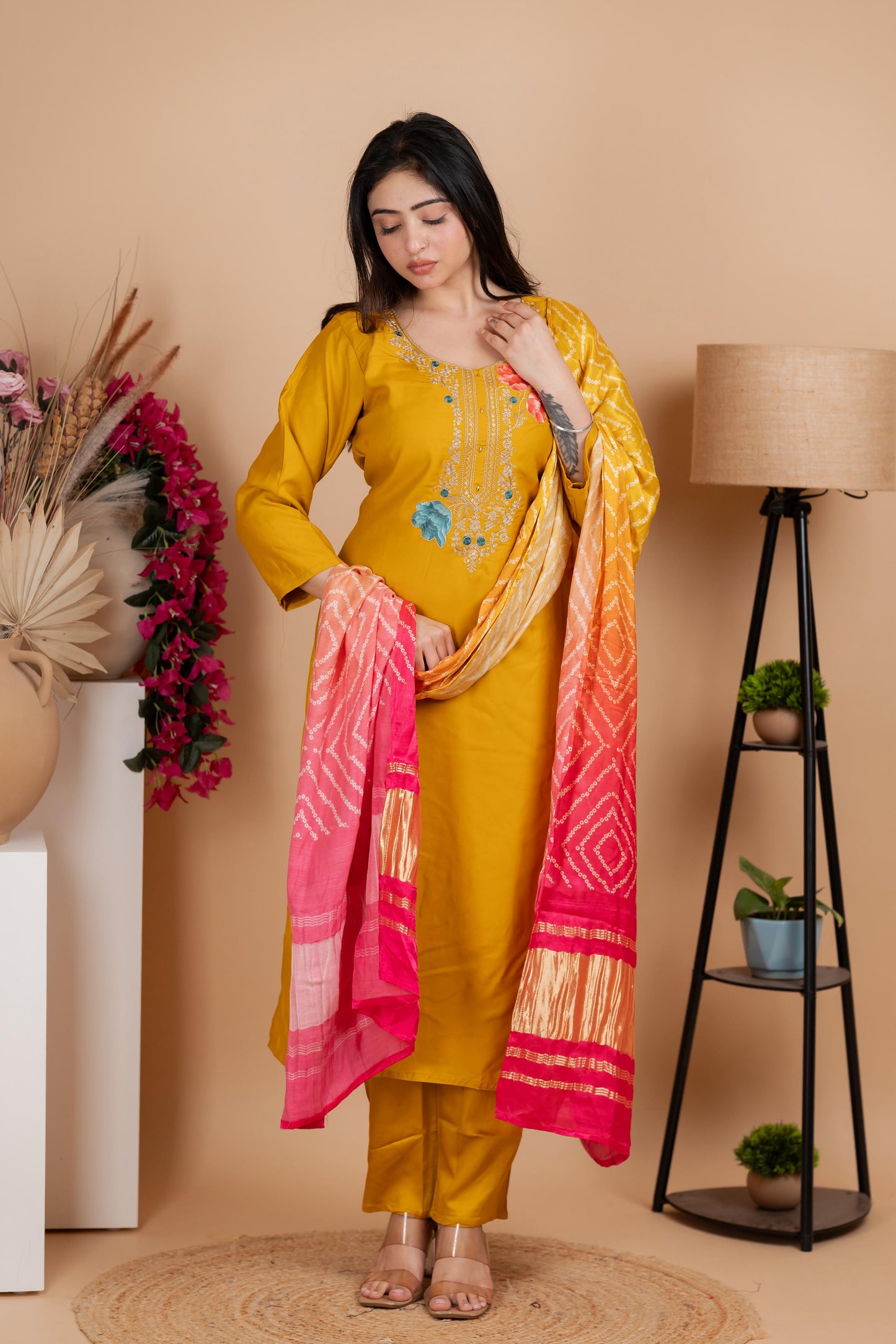 Yellow Pure Gaji Silk Suit Set for Women – Luxurious & Breathable