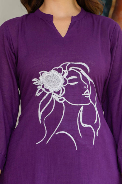 Purple Cotton Flex Co-ord Set with Artistic Face Embroidery