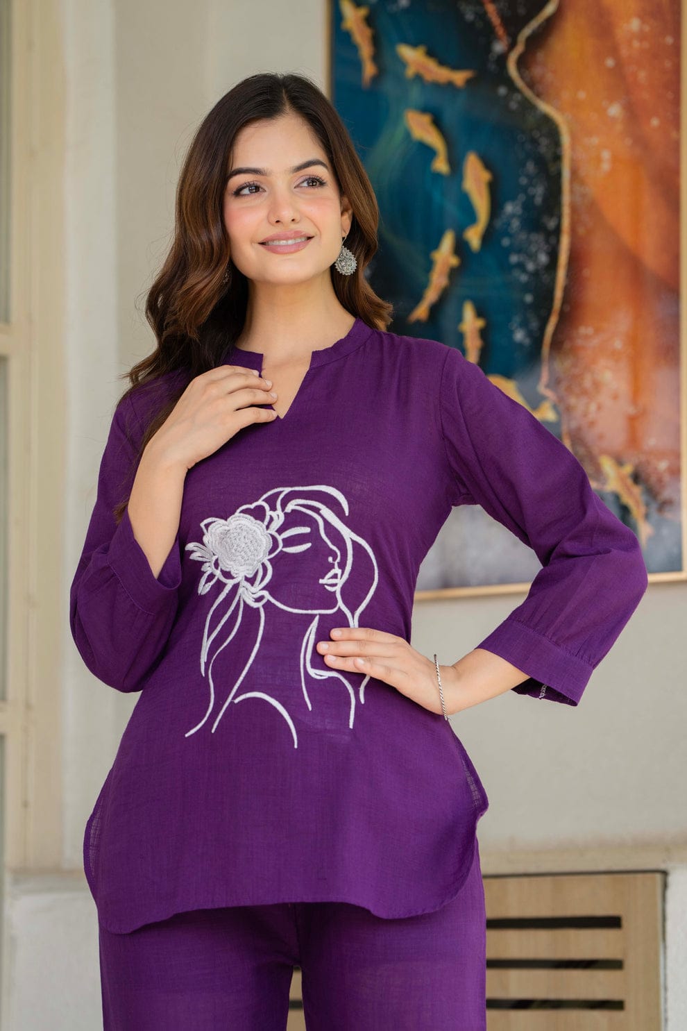 Purple Cotton Flex Co-ord Set with Artistic Face Embroidery