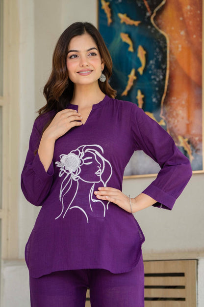 Purple Cotton Flex Co-ord Set with Artistic Face Embroidery
