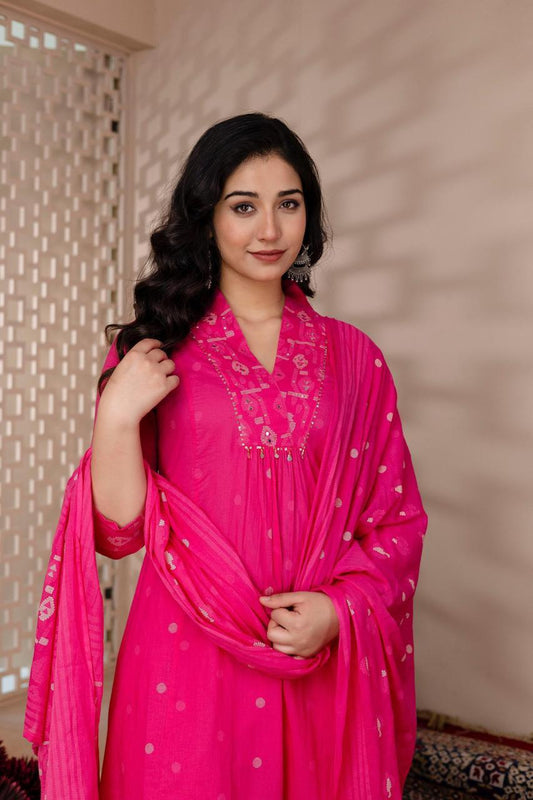 Rani Pink Cotton A-Line Suit Set with Embroidery – Festive & Daily Wear