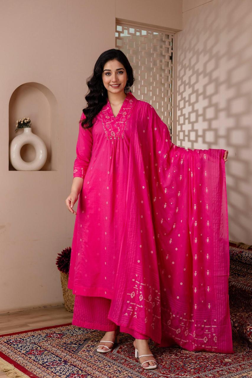 Rani Pink Cotton A-Line Suit Set with Embroidery – Festive & Daily Wear