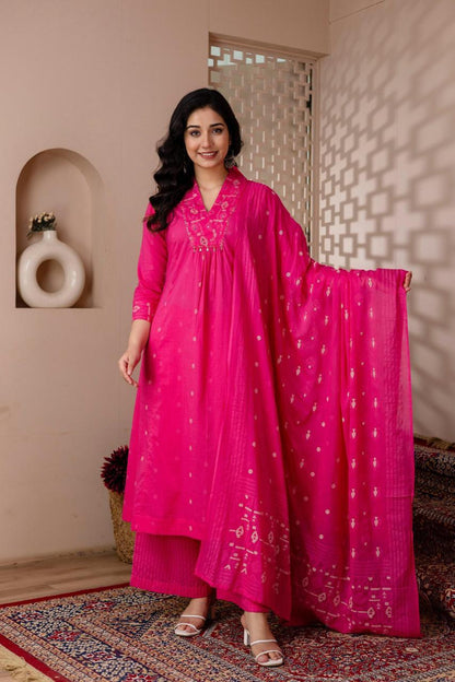 Rani Pink Cotton A-Line Suit Set with Embroidery – Festive & Daily Wear