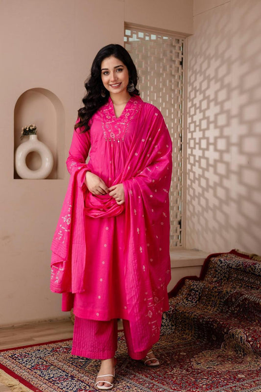 Rani Pink Cotton A-Line Suit Set with Embroidery – Festive & Daily Wear
