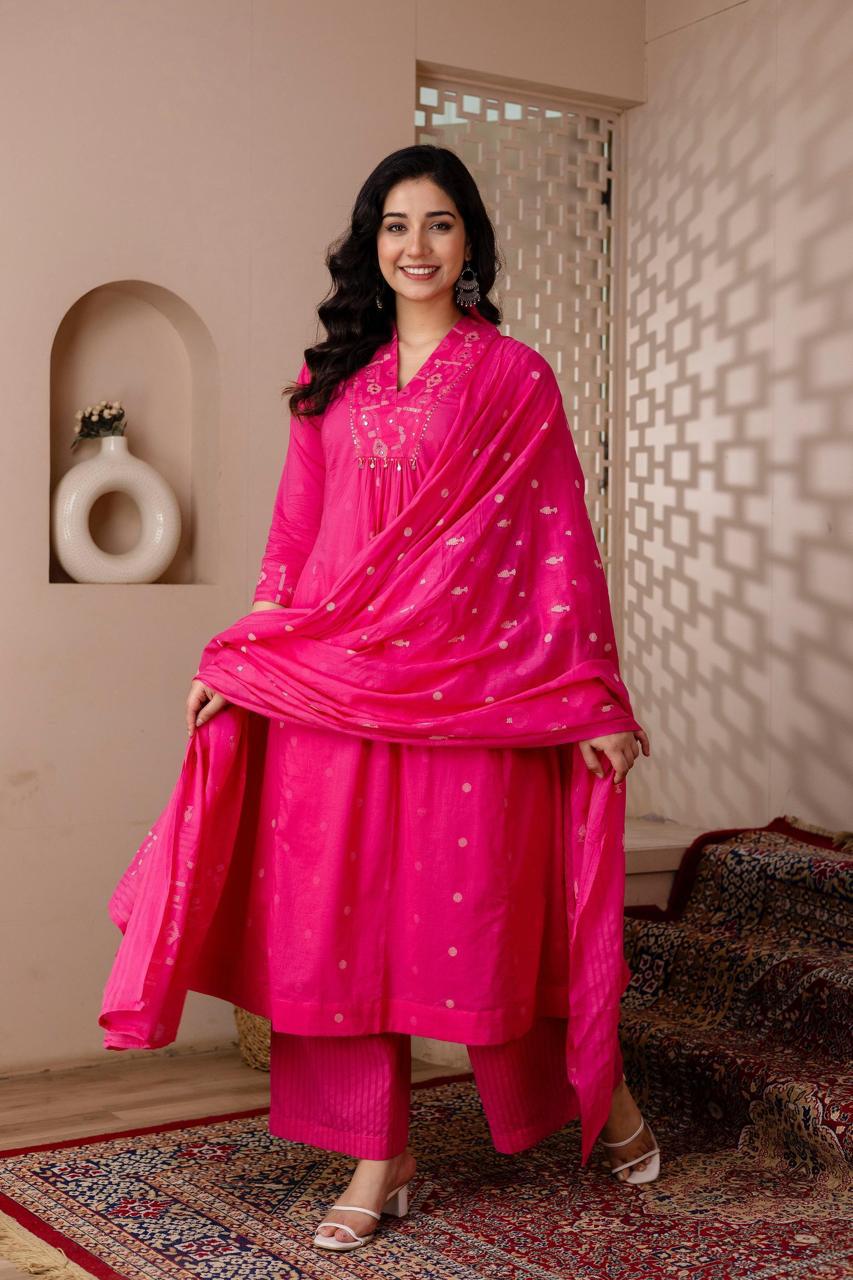 Rani Pink Cotton A-Line Suit Set with Embroidery – Festive & Daily Wear