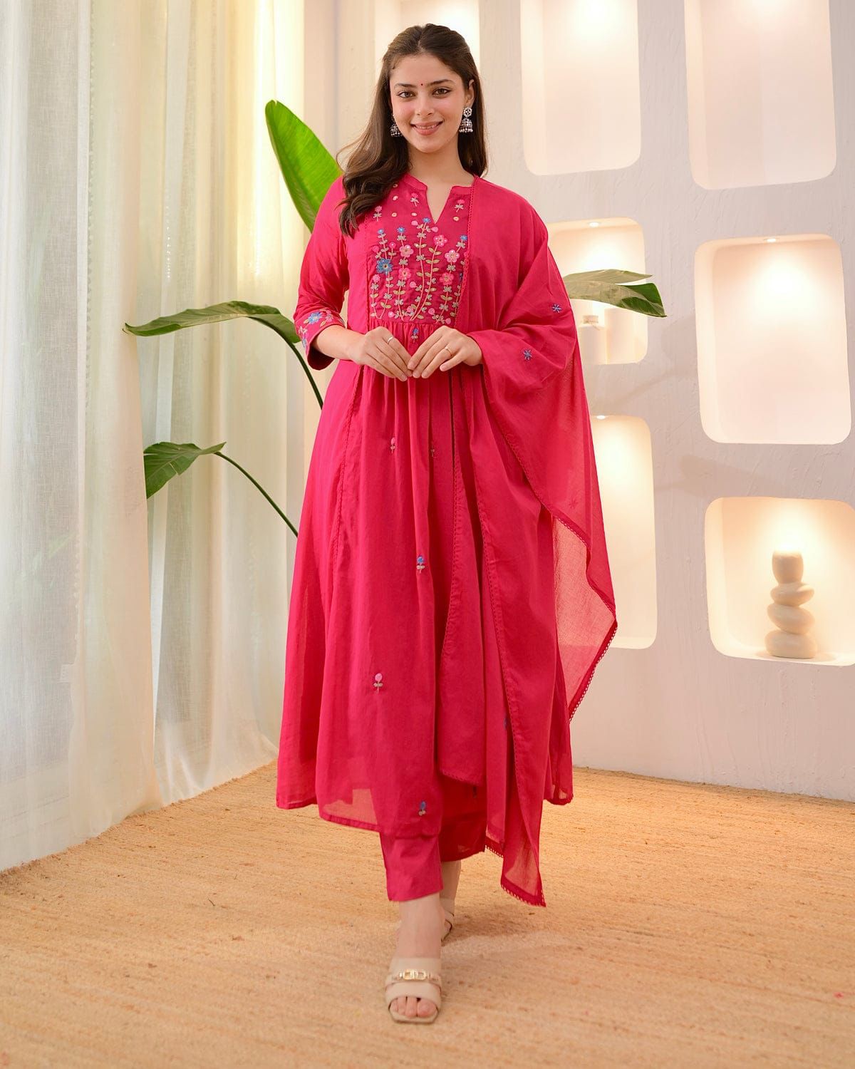 Rani Pink Cotton Anarkali Suit Set with Floral Thread Embroidery – Daily & Festive Wear