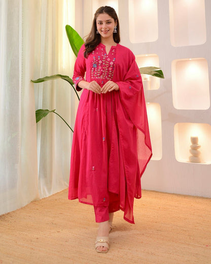 Rani Pink Cotton Anarkali Suit Set with Floral Thread Embroidery – Daily & Festive Wear