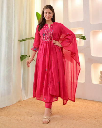 Rani Pink Cotton Anarkali Suit Set with Floral Thread Embroidery – Daily & Festive Wear