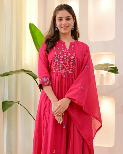 Rani Pink Cotton Anarkali Suit Set with Floral Thread Embroidery – Daily & Festive Wear