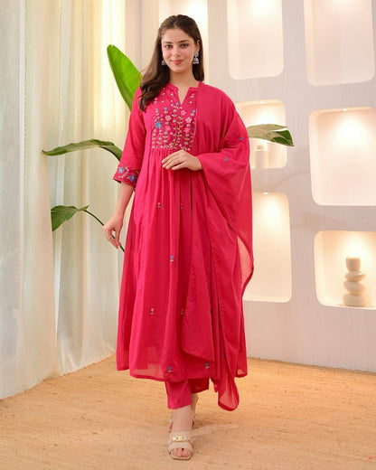 Rani Pink Cotton Anarkali Suit Set with Floral Thread Embroidery – Daily & Festive Wear