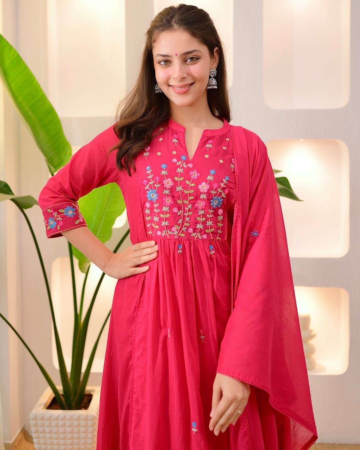 Rani Pink Cotton Anarkali Suit Set with Floral Thread Embroidery – Daily & Festive Wear