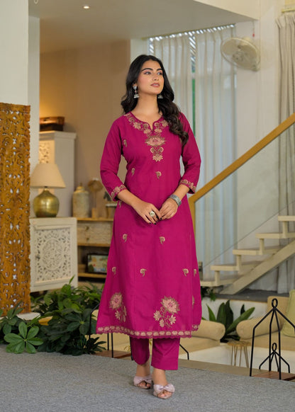 Rani Pink Cotton Embroidered A-Line 3-Piece Suit Set – Festive & Daily Wear