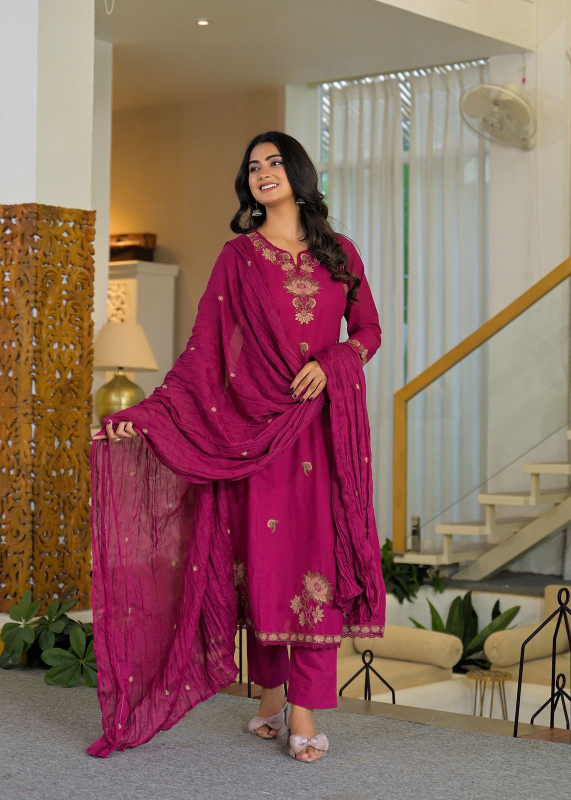 Rani Pink Cotton Embroidered A-Line 3-Piece Suit Set – Festive & Daily Wear