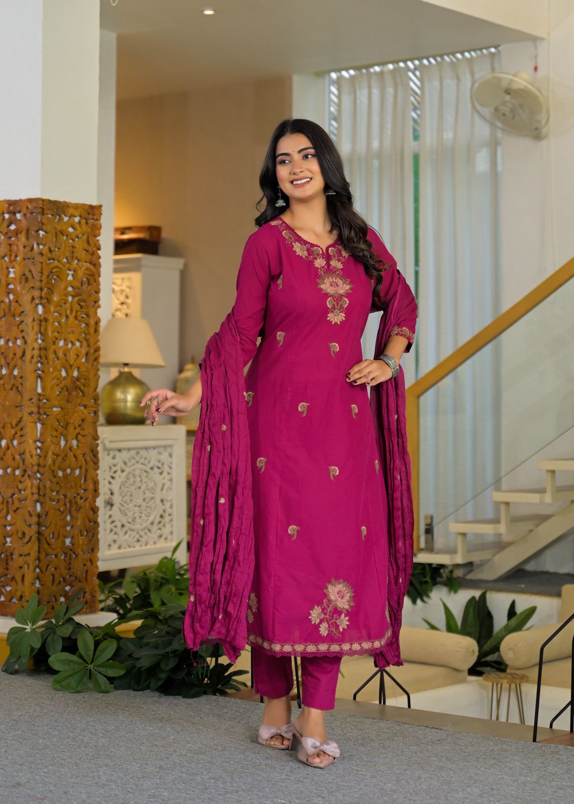 Rani Pink Cotton Embroidered A-Line 3-Piece Suit Set – Festive & Daily Wear