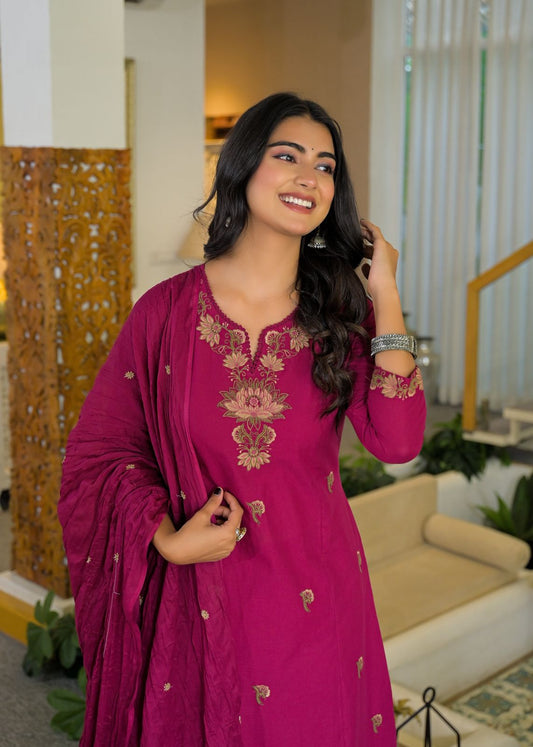 Rani Pink Cotton Embroidered A-Line 3-Piece Suit Set – Festive & Daily Wear
