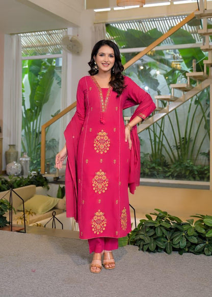 Rani Pink Cotton Embroidered Suit Set – Festive & Party Wear