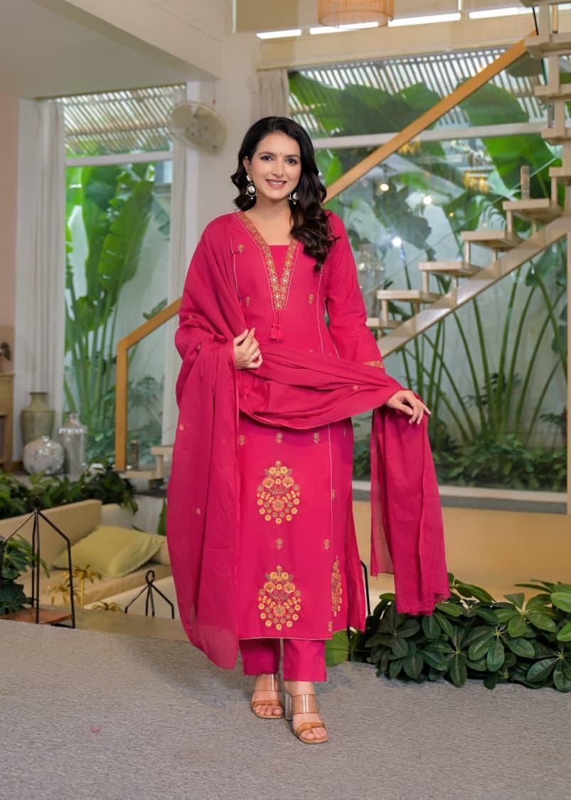 Rani Pink Cotton Embroidered Suit Set – Festive & Party Wear