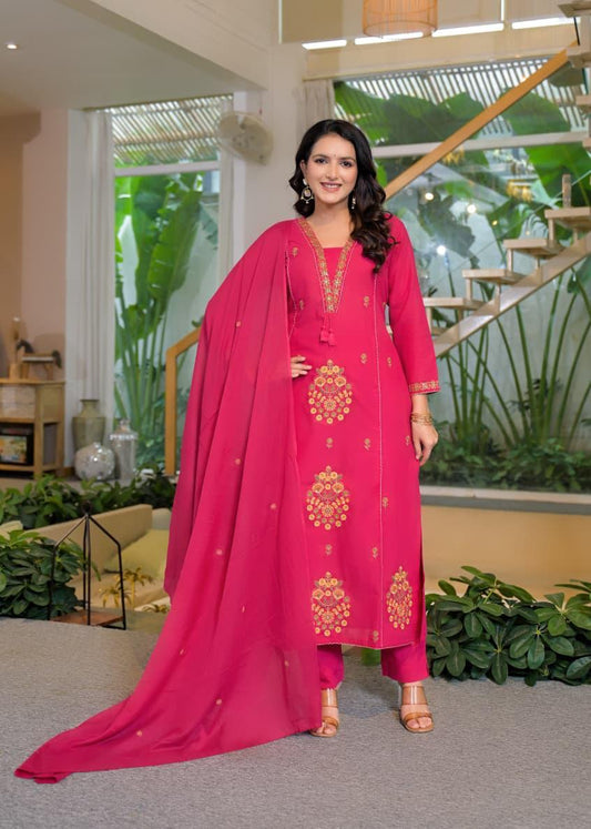 Rani Pink Cotton Embroidered Suit Set – Festive & Party Wear