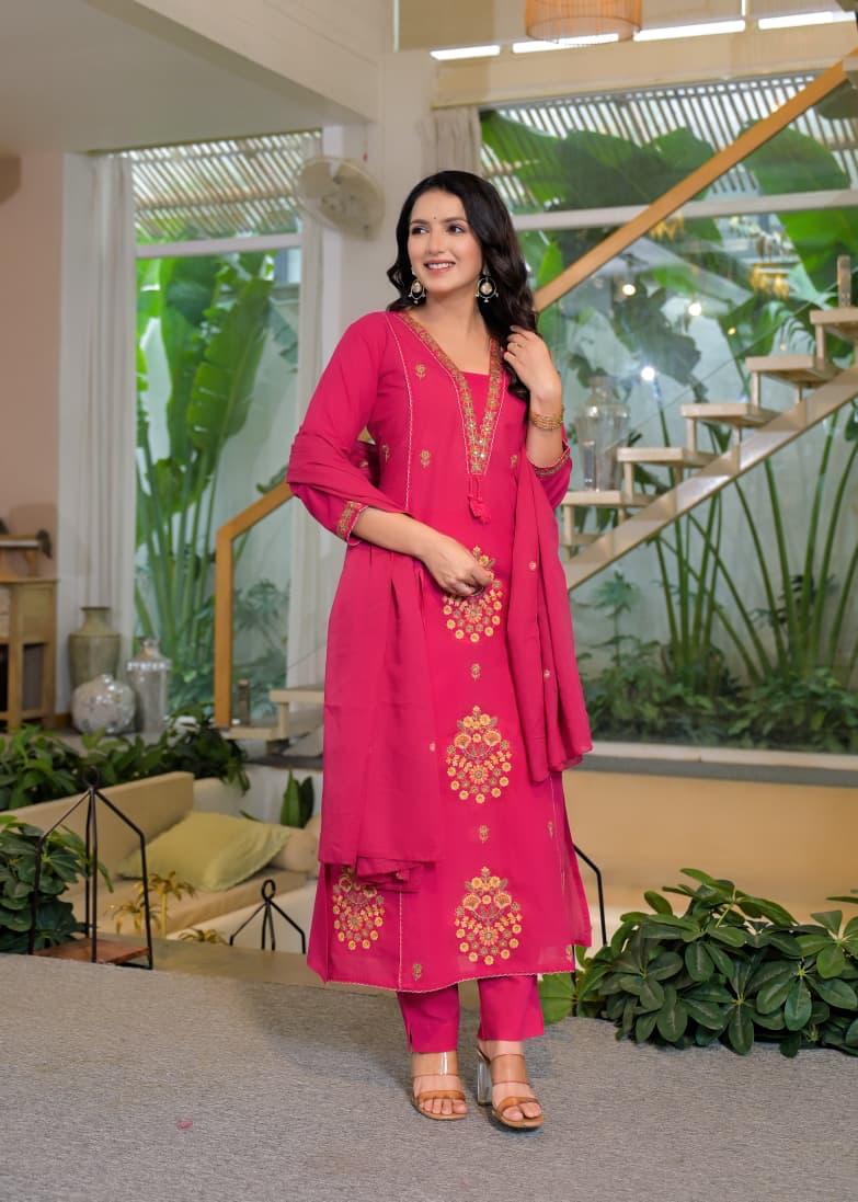 Rani Pink Cotton Embroidered Suit Set – Festive & Party Wear