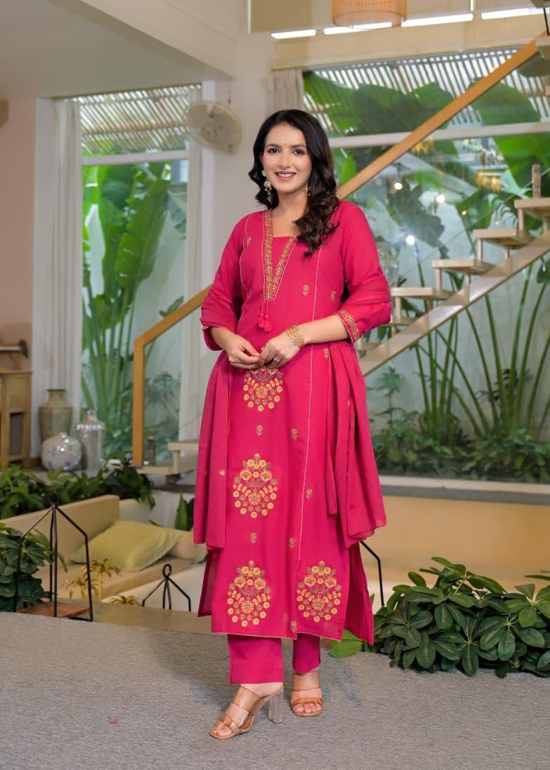 Rani Pink Cotton Embroidered Suit Set – Festive & Party Wear