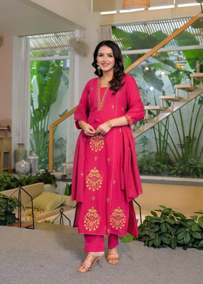 Rani Pink Cotton Embroidered Suit Set – Festive & Party Wear