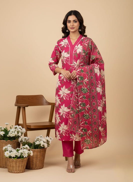 Rani Pink Cotton Suit Set with Bold White Floral Prints