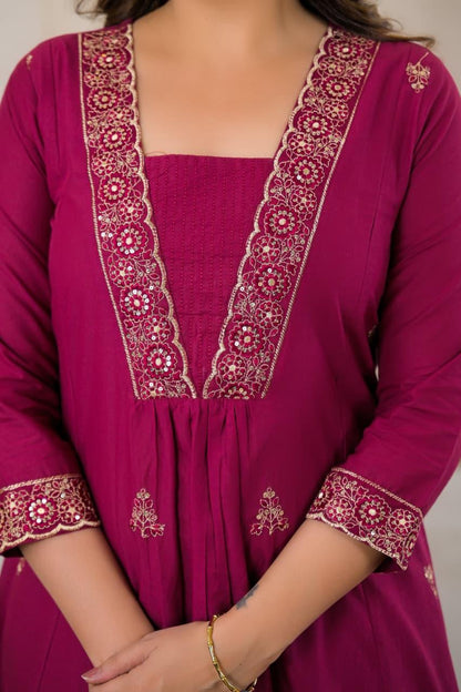 Rani Pink Premium Cotton Embroidered Anarkali Suit Set – Festive Wear