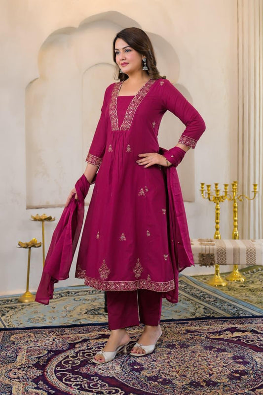 Rani Pink Premium Cotton Embroidered Anarkali Suit Set – Festive Wear
