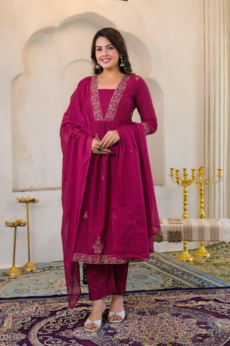 Rani Pink Premium Cotton Embroidered Anarkali Suit Set – Festive Wear