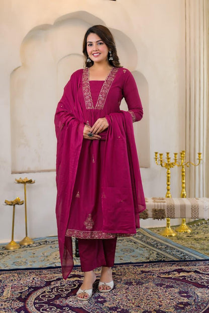 Rani Pink Premium Cotton Embroidered Anarkali Suit Set – Festive Wear