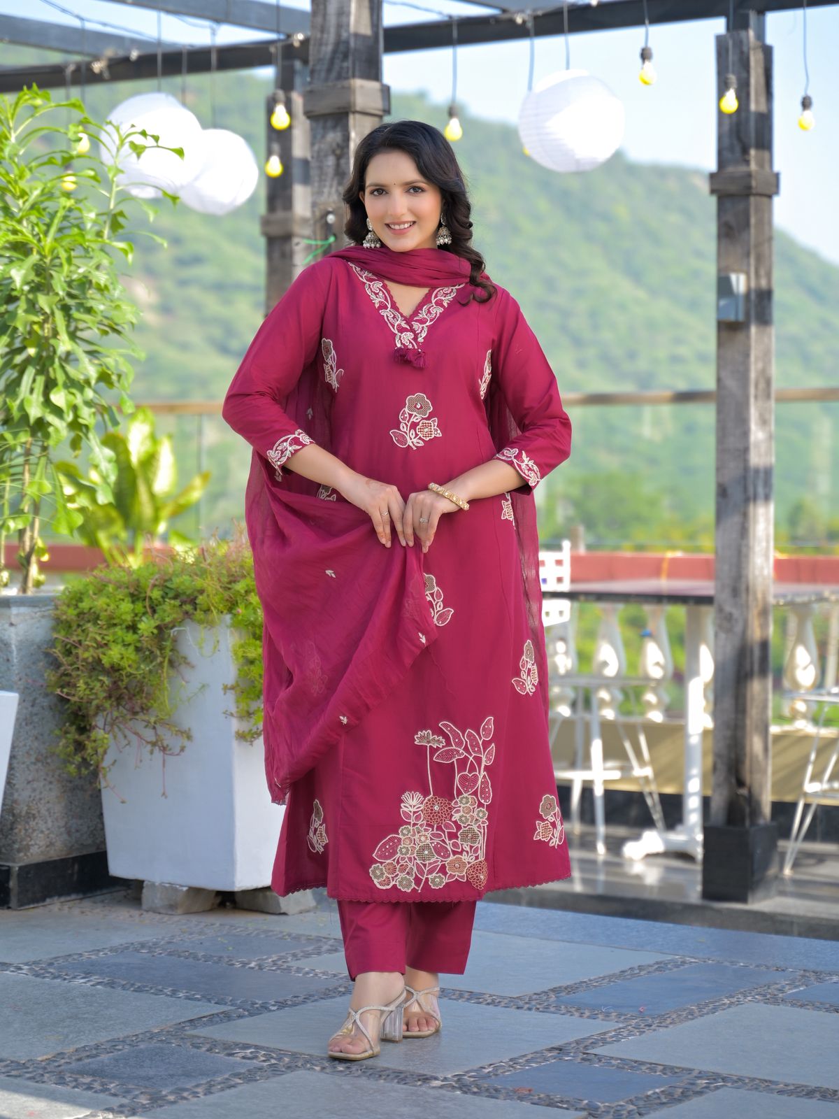 Rani Pink Premium Cotton Embroidered Straight Suit Set – Festive Wear