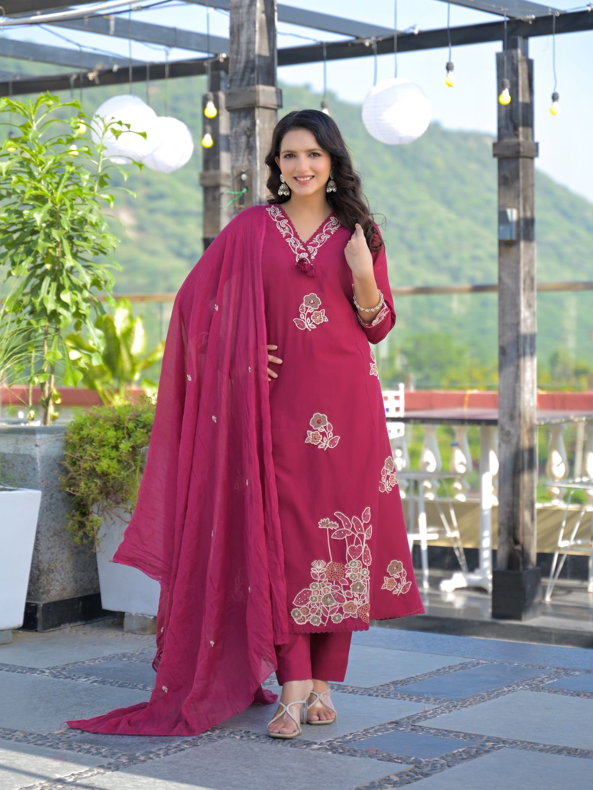 Rani Pink Premium Cotton Embroidered Straight Suit Set – Festive Wear