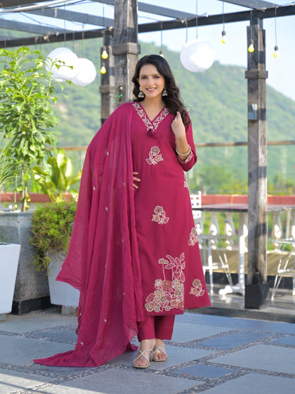 Rani Pink Premium Cotton Embroidered Straight Suit Set – Festive Wear