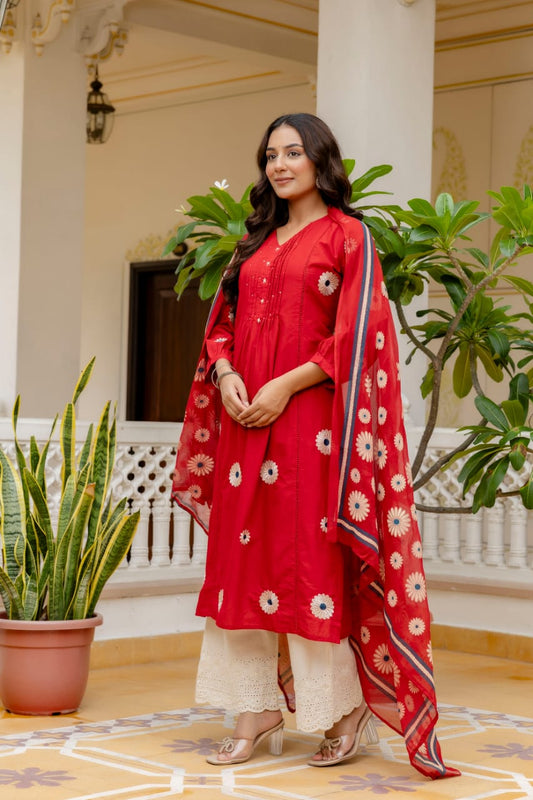 Red Cotton Embroidered Suit Set with Floral Dupatta