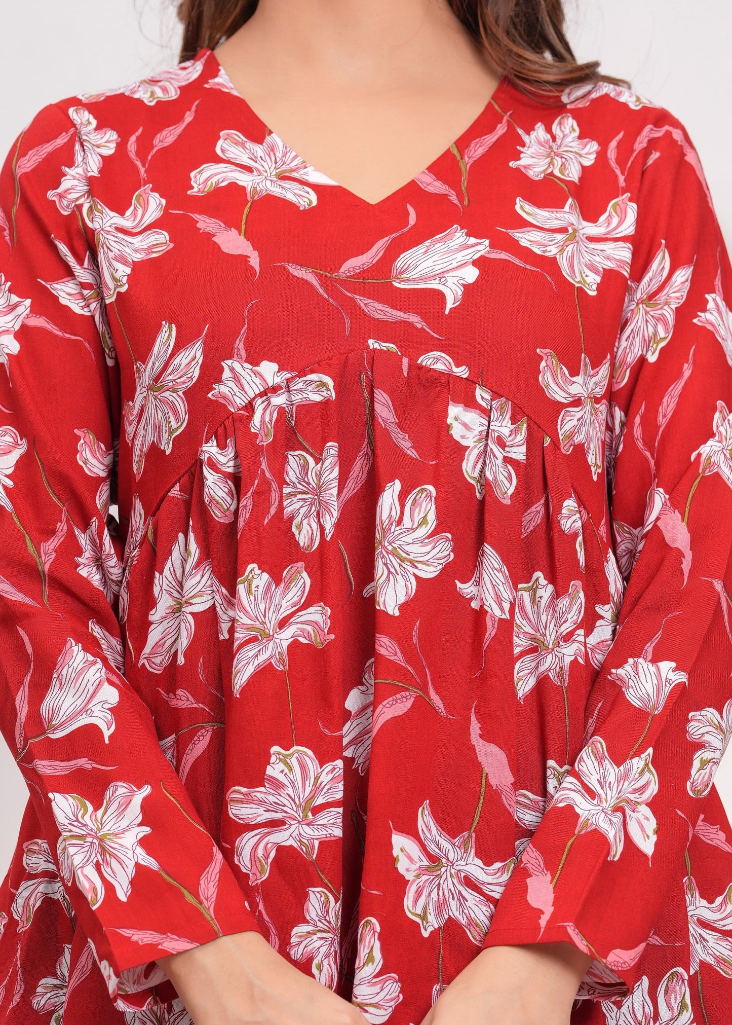 Red Cotton Top with Floral Prints – Elegant & Everyday Wear