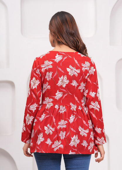 Red Cotton Top with Floral Prints – Elegant & Everyday Wear