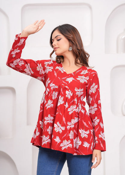 Red Cotton Top with Floral Prints – Elegant & Everyday Wear