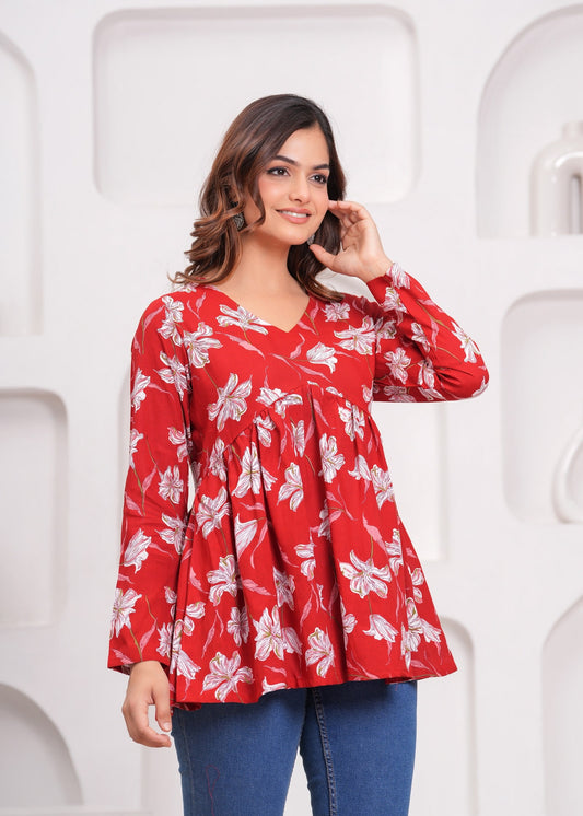 Red Cotton Top with Floral Prints – Elegant & Everyday Wear