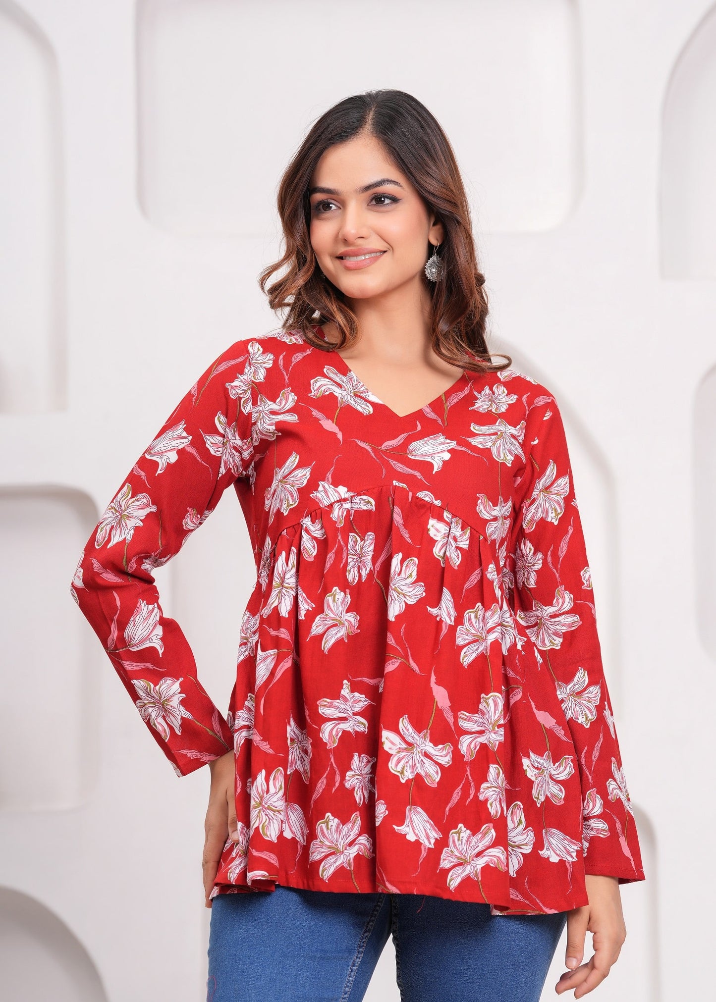 Red Cotton Top with Floral Prints – Elegant & Everyday Wear