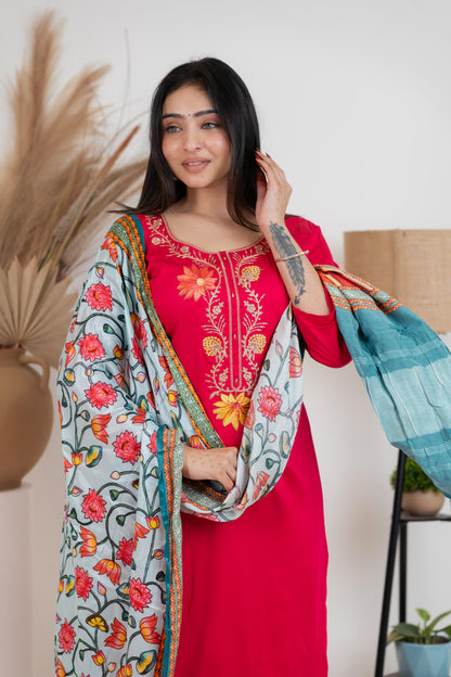 Red Pure Gaji Silk Suit Set for Women – Luxurious & Breathable