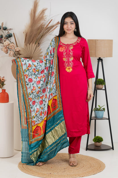 Red Pure Gaji Silk Suit Set for Women – Luxurious & Breathable