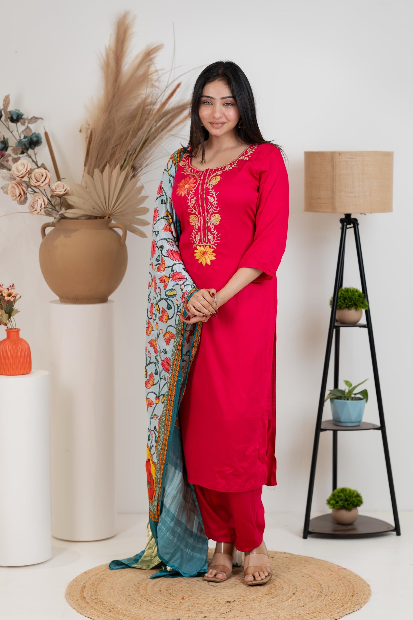 Red Pure Gaji Silk Suit Set for Women – Luxurious & Breathable
