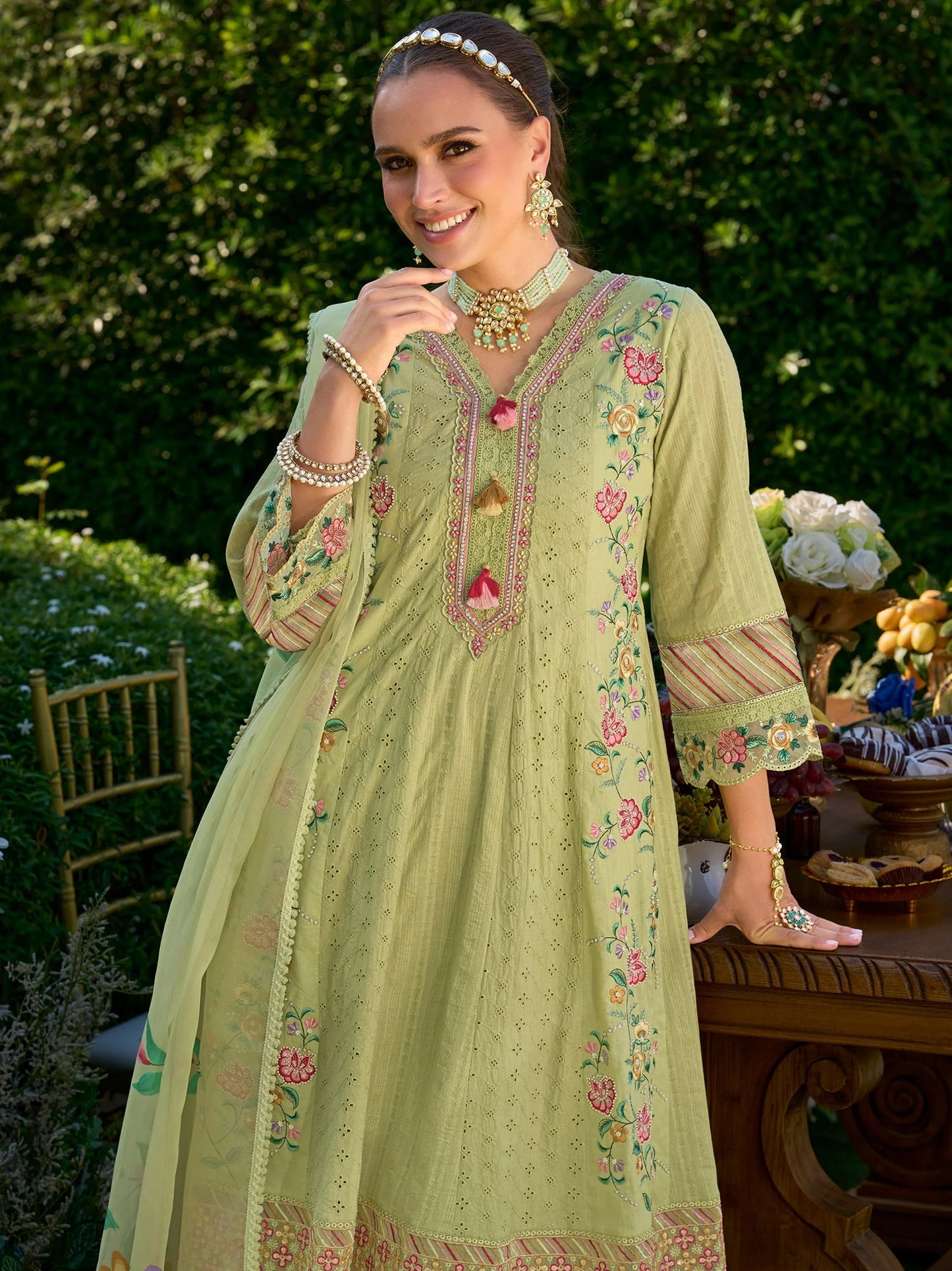 Refreshing Pistachio Green Anarkali Suit Set with Heavy Multicolor Floral Embroidery
