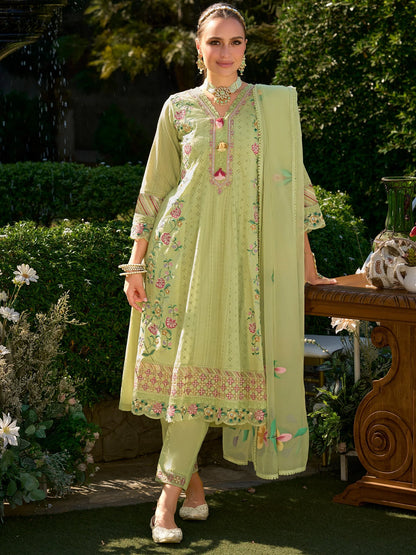 Refreshing Pistachio Green Anarkali Suit Set with Heavy Multicolor Floral Embroidery
