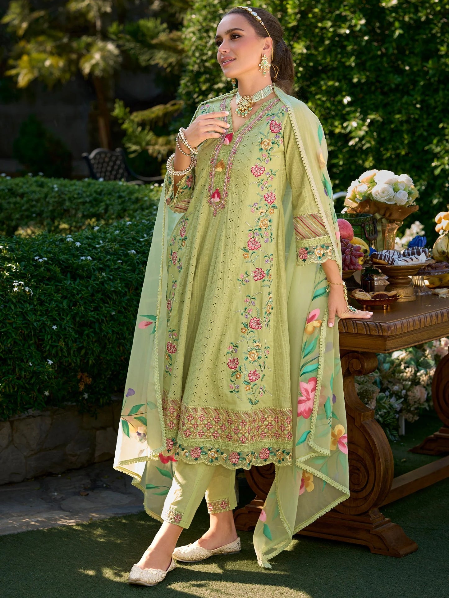Refreshing Pistachio Green Anarkali Suit Set with Heavy Multicolor Floral Embroidery