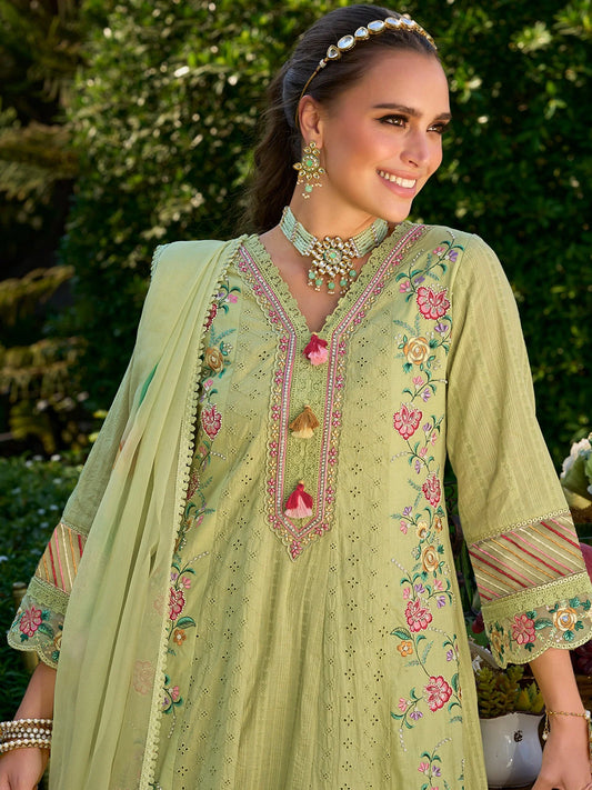 Refreshing Pistachio Green Anarkali Suit Set with Heavy Multicolor Floral Embroidery